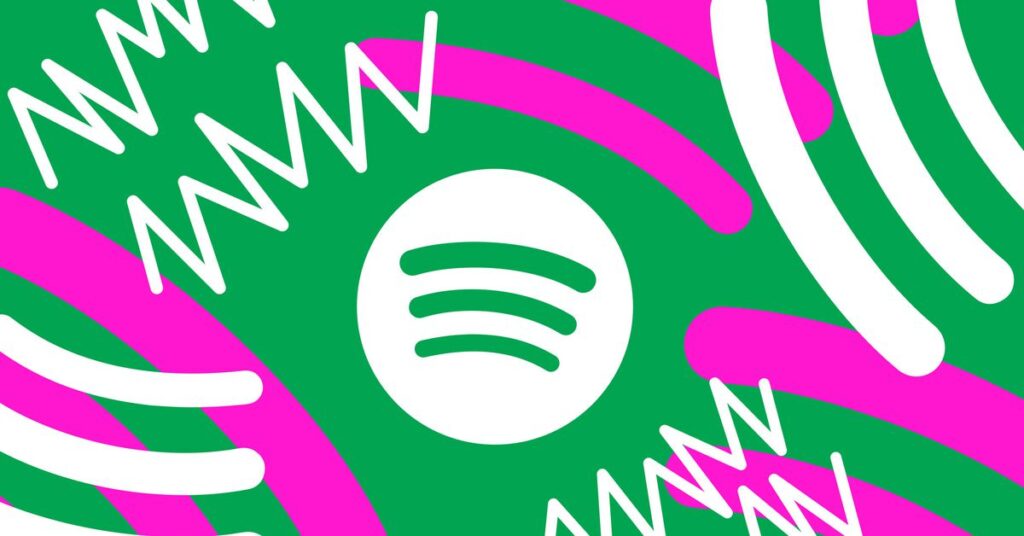 An illustration of the Spotify logo surrounded by noise lines in white, purple, and green.