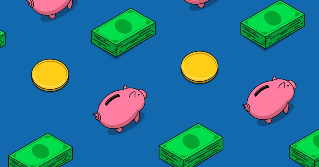 An illustration of a piggy bank, a pile of cash, and some coins