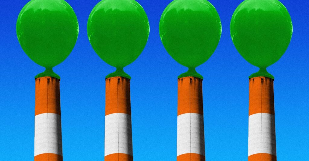 Art depicts cartoon balloons attached to the tops of four smokestacks.