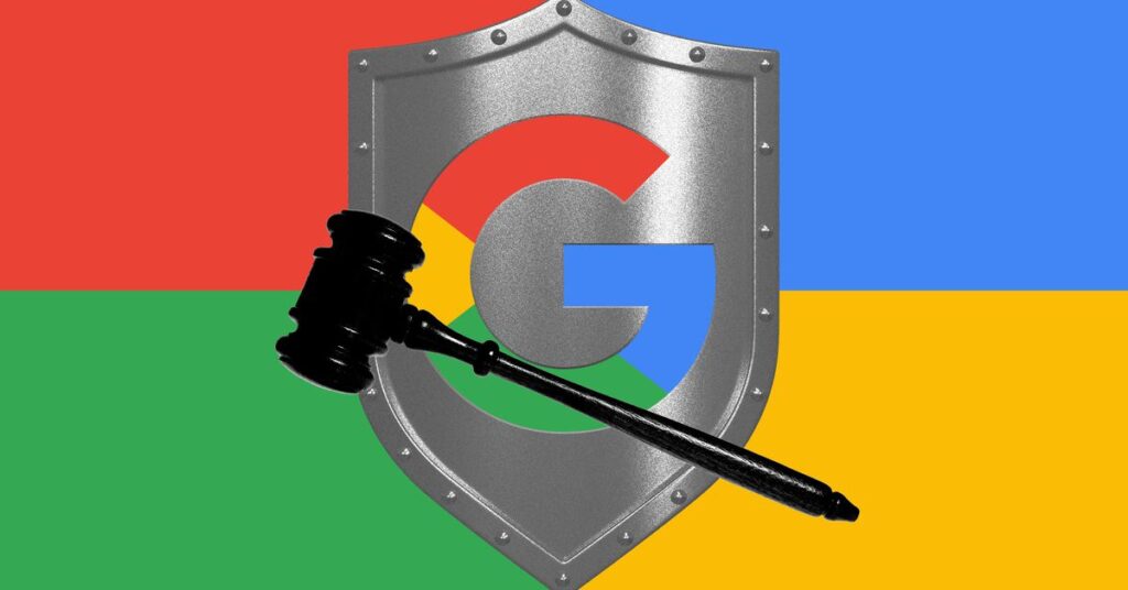 The Google logo on a shield with a gavel in front of it.