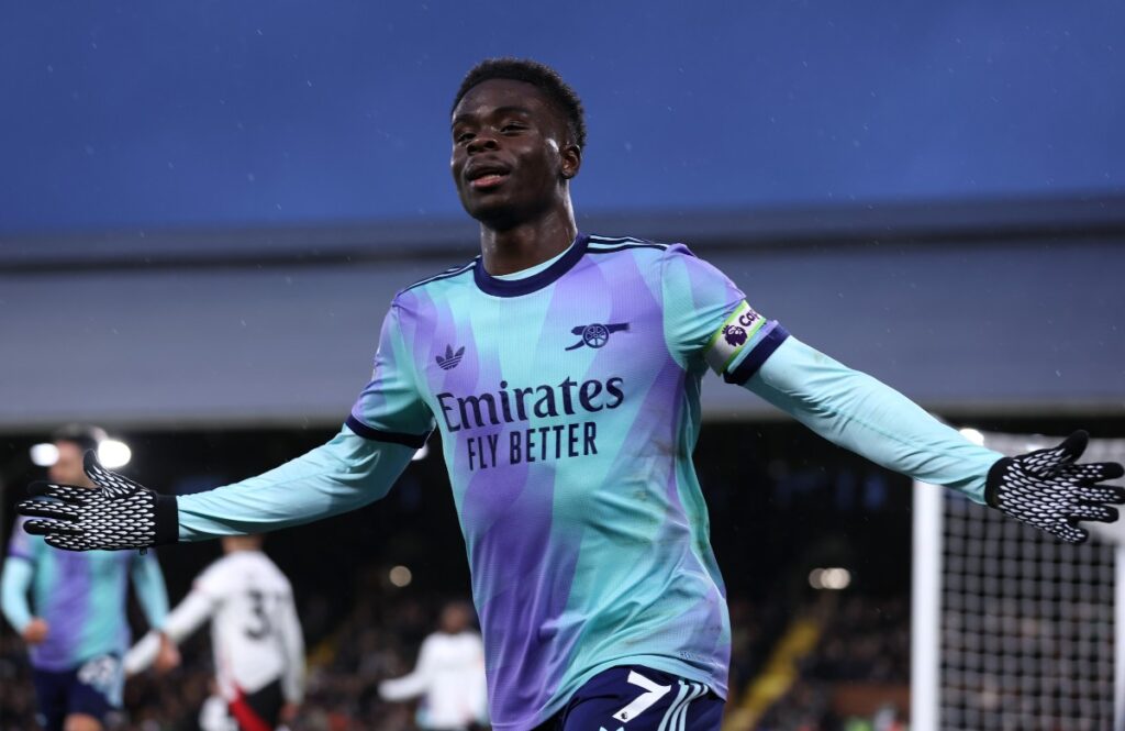 Bukayo Saka in action for Arsenal against Fulham