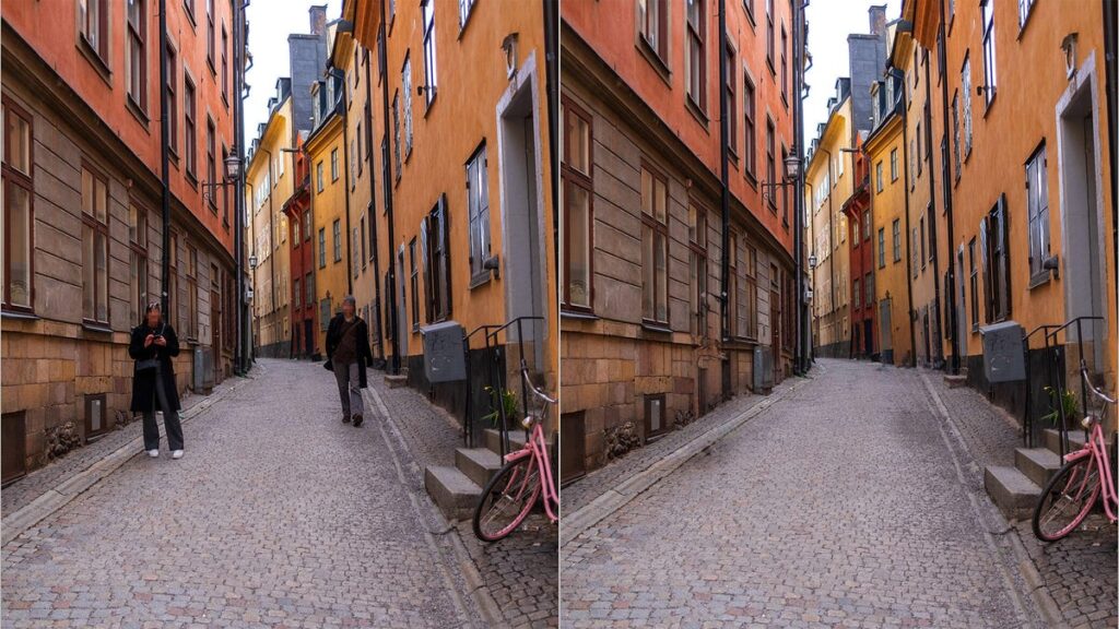 A narrow street in Stockholm showing two pedestrians (left) and then the same image with the people removed (right).