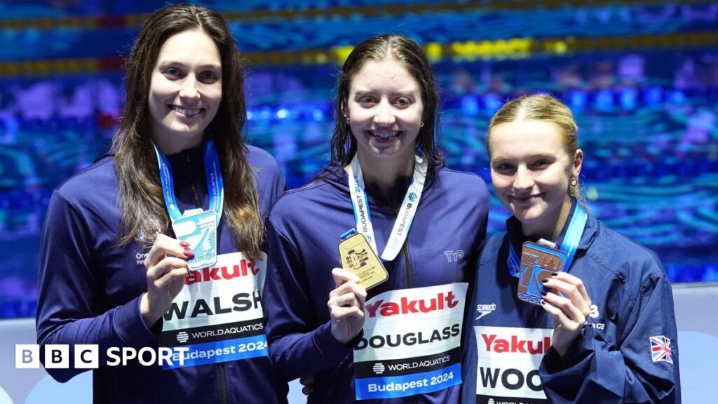 Alex Walsh, Kate Douglass and Abbie Wood with their medals after the women's 200m individual medley final at the 2024 World Aquatics Swimming Championships