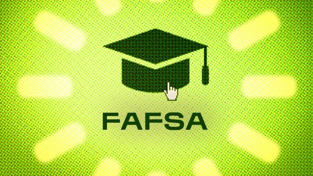 Outline of FAFSA and grad cap on a green background