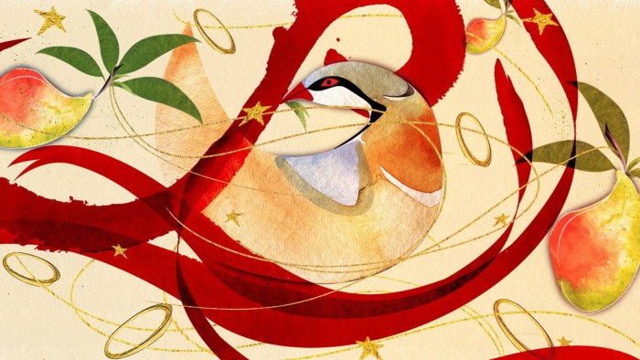 Illustration of a partridge with red ribbons swirling around it and gold rings and pears