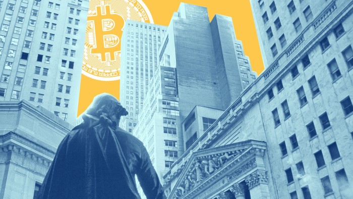 Composite image of a Wall St scene with a Bitcoin as a stylised sun