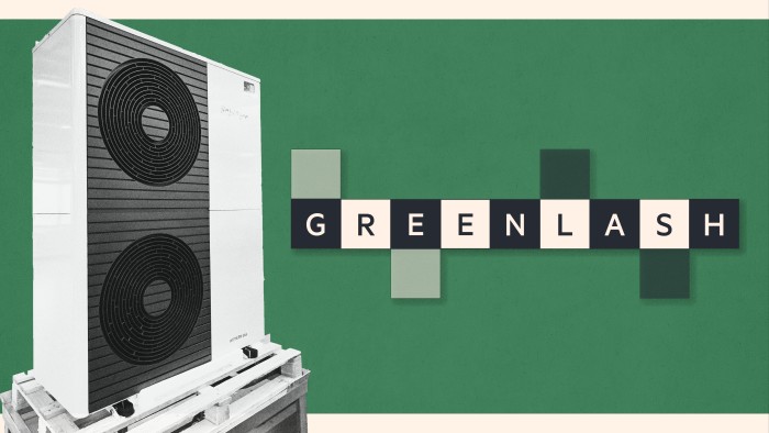 Montage image of a heat pump and tiles spelling the word ‘Greenlash’