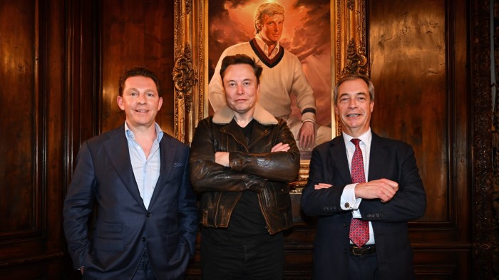 Nick Candy, Elon Musk and Nigel Farage in front of a portrait of US president-elect Donald Trump