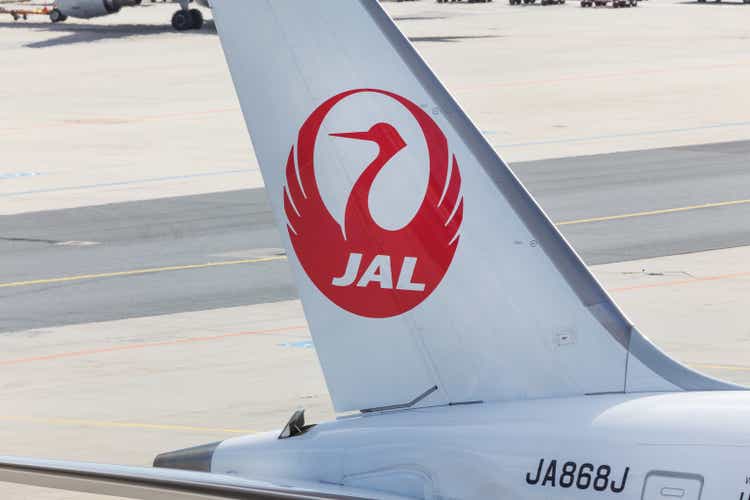 japan airlines airplane at frankfurt airport germany