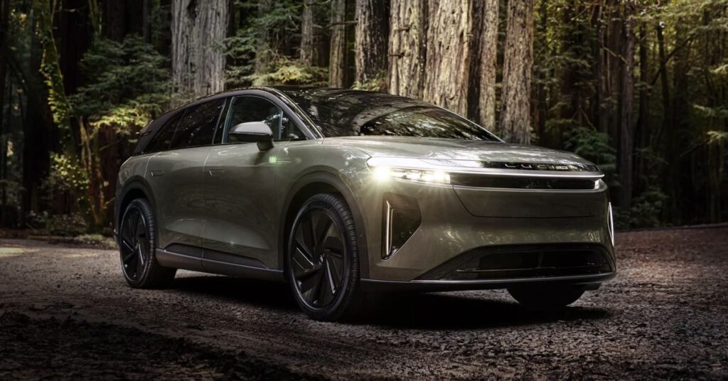 lucid gravity suv in the middle of a forest