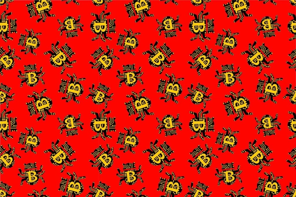 a sea of patterned green bugs with yellow bitcoin logos on them on a red background