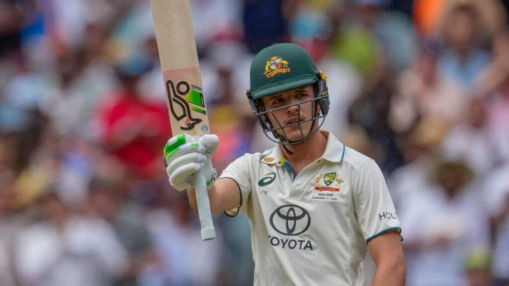 Sam Konstas celebrates his half-century, the third-quickest by an Australian debutant during day one of the fourth Test against India