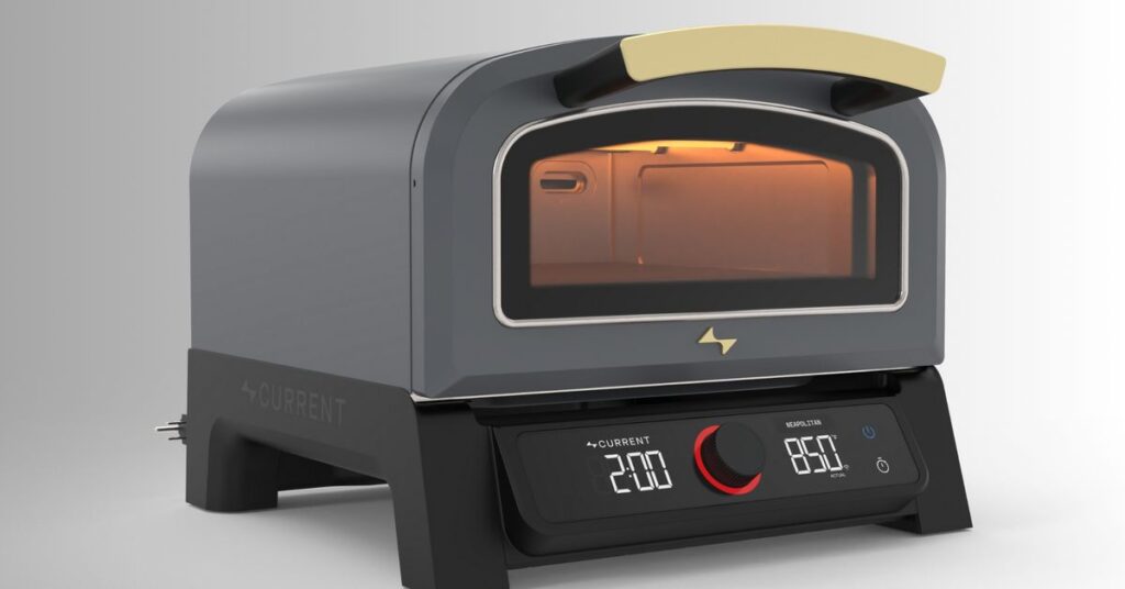 The Current Backyard Model P&nbsp;pizza oven against a white and gray background, viewed from the front.