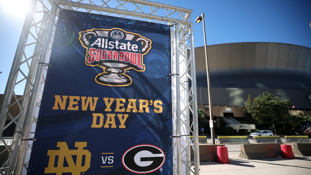 NEW ORLEANS, LOUISIANA - JANUARY 01: A sign for the Allstate Sugar Bowl between Georgia and Notre Dame is seen outside the Louisiana Superdome after at least ten people were killed on Bourbon Street when a person allegedly drove into a crowd in the early morning hours of New Year's Day on January 1, 2025 in New Orleans, Louisiana. Dozens more were injured after a suspect in a rented pickup truck allegedly drove around barricades and through a crowd of New Year's revelers on Bourbon Street. The suspect then got out of the car, opened fire on police officers, and was subsequently killed by law enforcement.   (Photo by Chris Graythen/Getty Images)