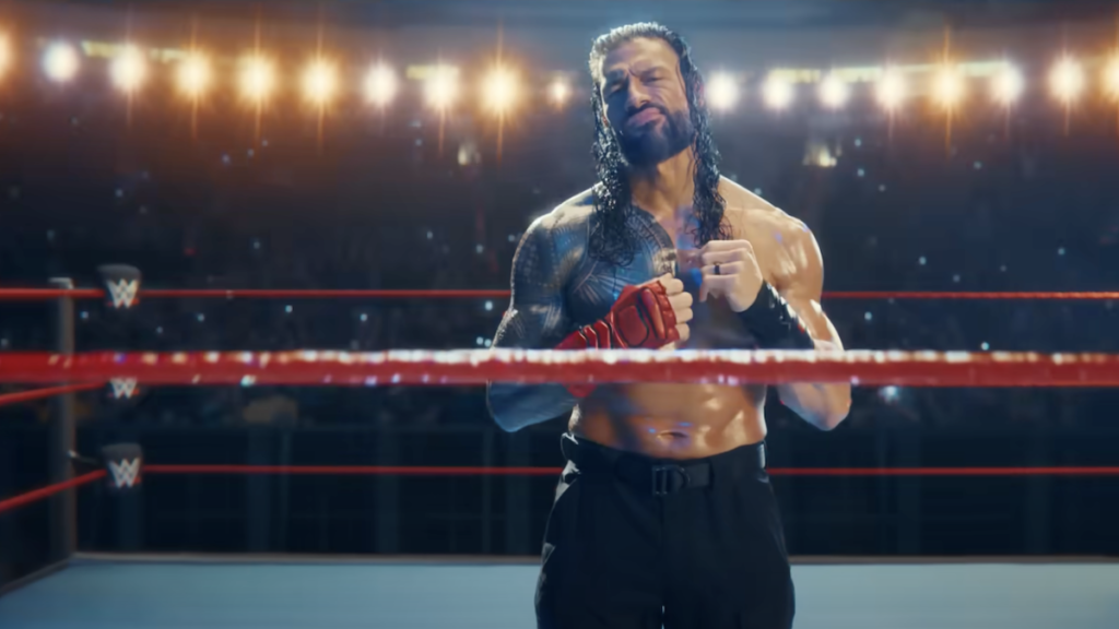 A screenshot of Roman Reigns from a WWE on Netflix trailer.