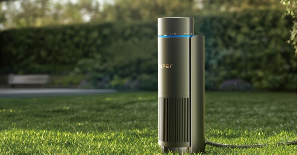 The Aiper IrriSense Smart Irrigation Sprinkler installed on a lush green backyard lawn.