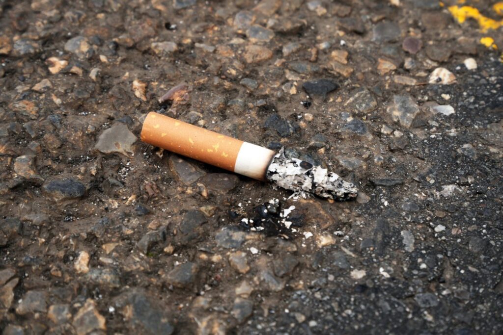 A cigarette butt discarded on a street in Paris, France.