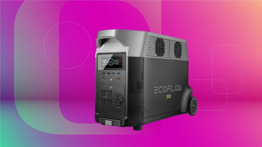 Ecoflow&apos;s Delta Pro portable power station displayed against a fuschia pink background with green accents.