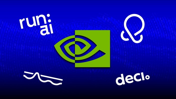 The Nvidia logo is centrally positioned on a blue background, surrounded by the logos of Run: AI, OctoAI, Deci, and Shoreline.io.