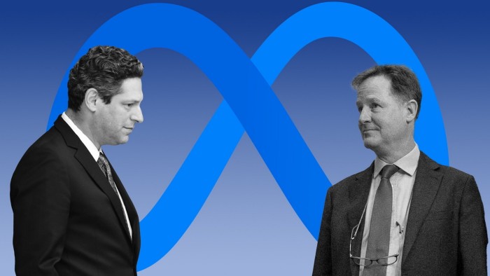 A montage showing Joel Kaplan and Nick Clegg over a backdrop of the Meta Platforms logo