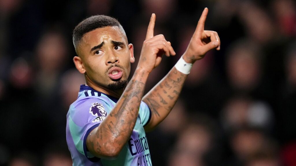 Gabriel Jesus celebrates after scoring for Arsenal against Brentford