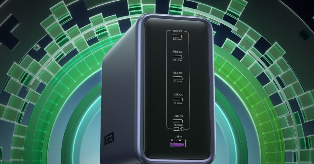 The Ugreen Nexode Desktop Charger 500W against an illustrated background.